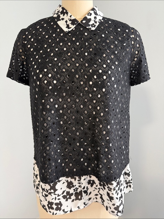 Elle Tops - ELLE Women's Black Eyelet Lace Overlay Top with Contrast Collar and Hem SZM